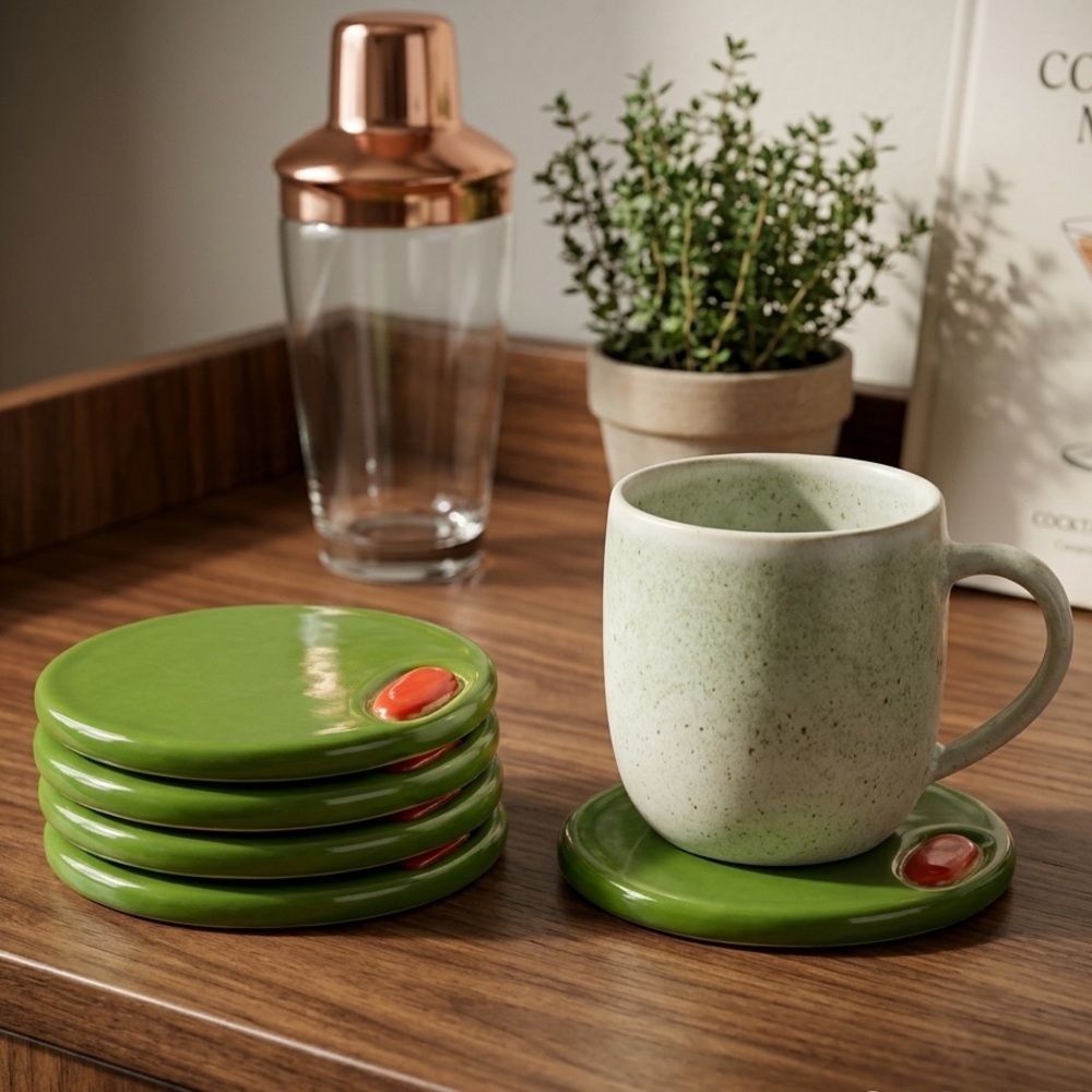 Stuffed Olive Coaster Set - Handmade - Set of 4